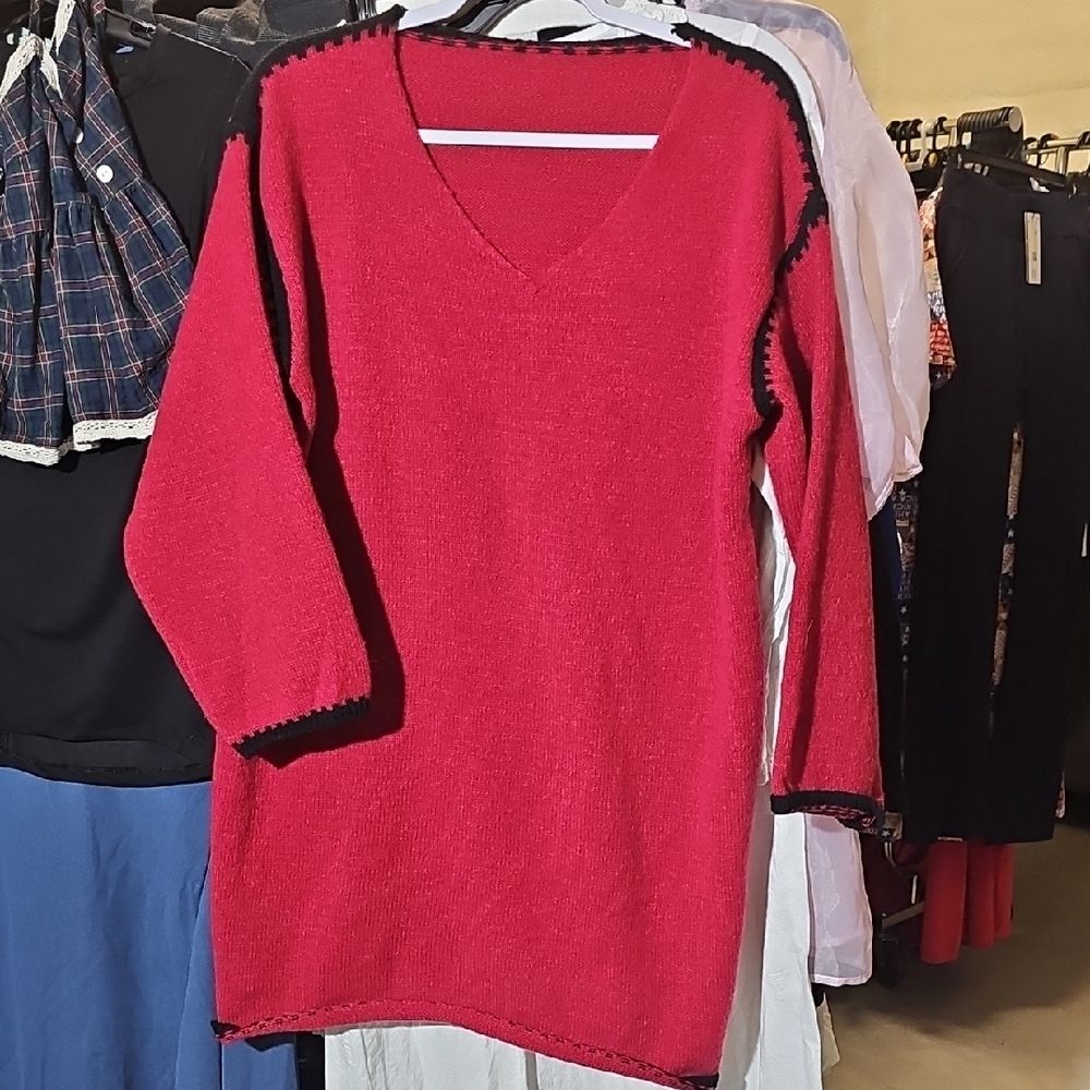 Red V-Neck Women's Sweater Dress